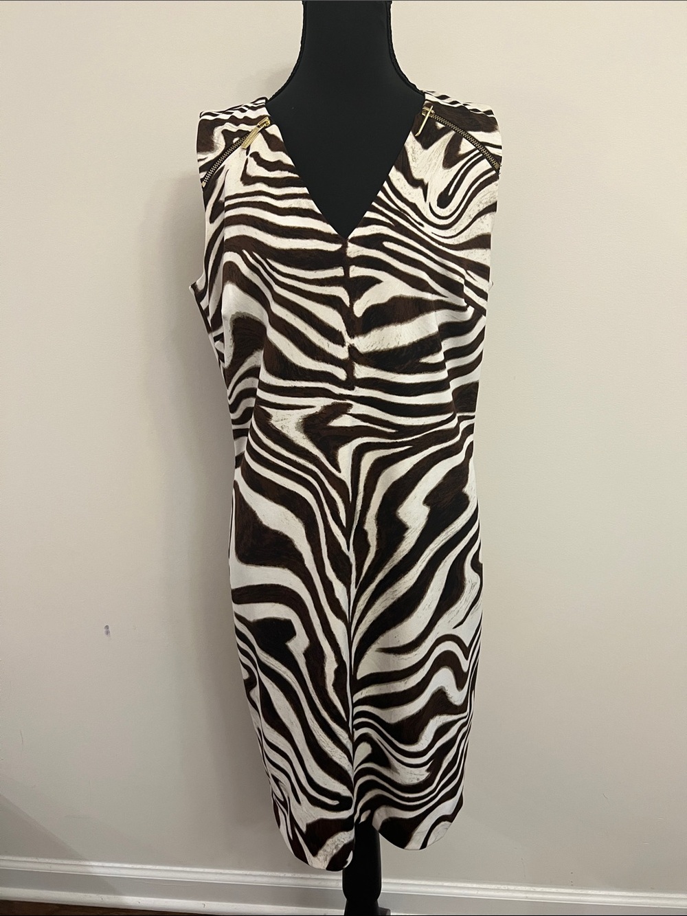 Michael Kors Brown and White Zebra-Print V-Neck Mini Dress